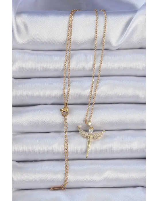  Zincir Altın  Zirkon Taşlı Melek Çelik Kolye