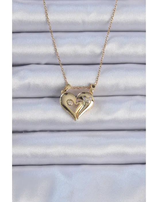  Zincir Altın  Zirkon Taşlı Mıknatıslı Kalp Çelik Kolye