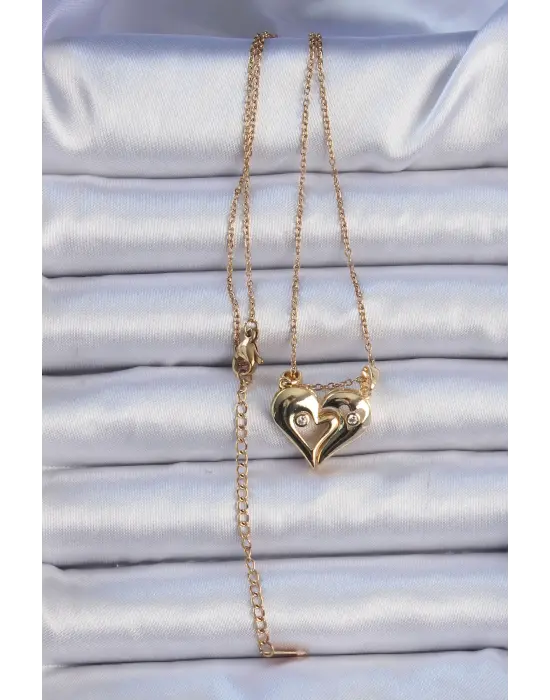  Zincir Altın  Zirkon Taşlı Mıknatıslı Kalp Çelik Kolye