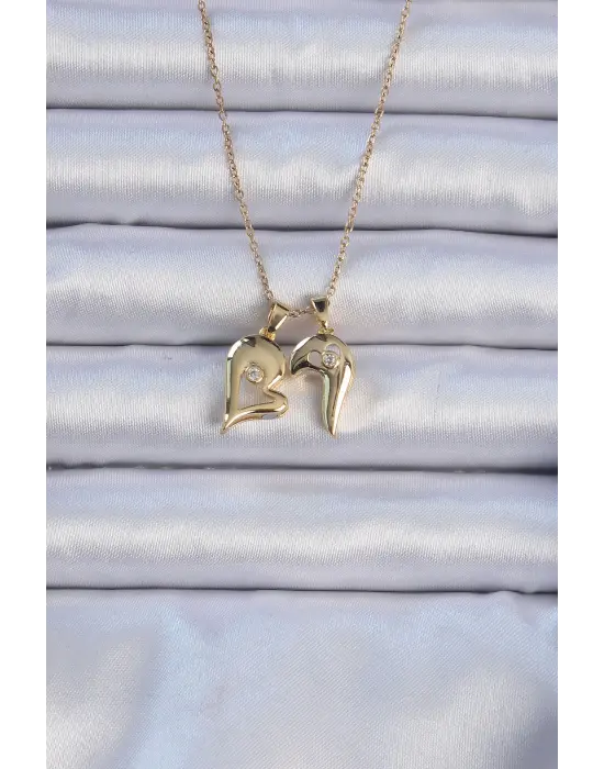  Zincir Altın  Zirkon Taşlı Mıknatıslı Kalp Çelik Kolye