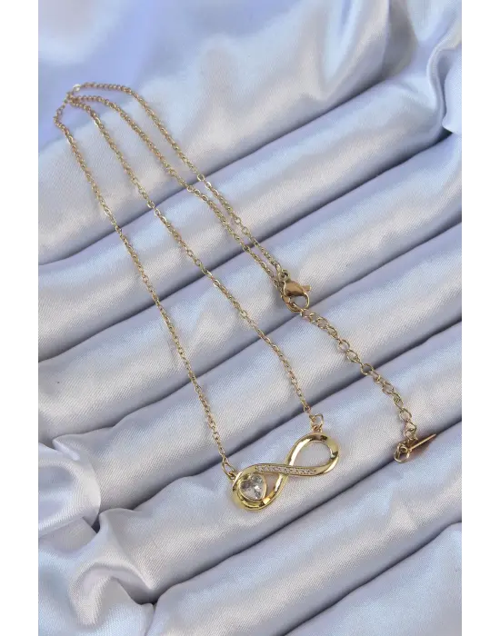  Zincir Altın  Zirkon Taşlı Minimal Kalp Figür Sonsuzluk Çelik Kolye