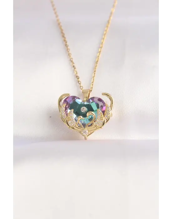  Zincir Altın  Zirkon Taşlı Mor li Kalp Figür Çelik Kolye