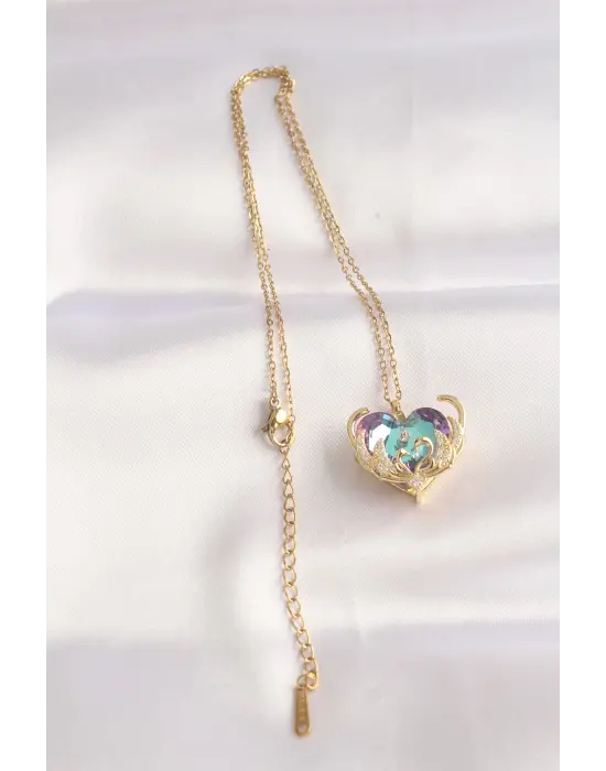  Zincir Altın  Zirkon Taşlı Mor li Kalp Figür Çelik Kolye