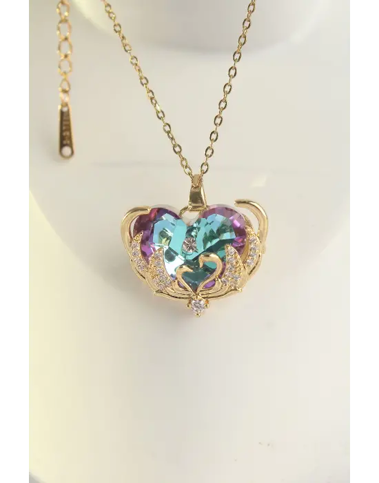  Zincir Altın  Zirkon Taşlı Mor li Kalp Figür Çelik Kolye