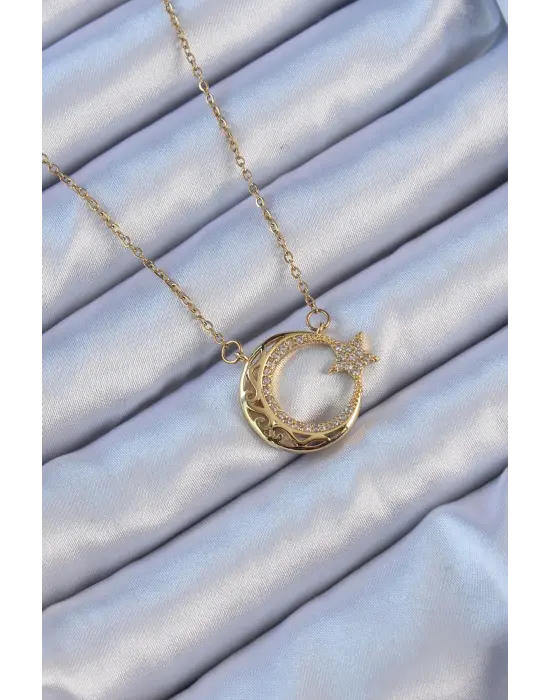  Zincir Altın  Zirkon Taşlı Motifli Ay Yıldız Çelik Kolye