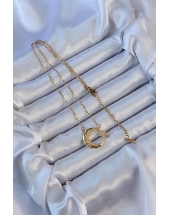  Zincir Altın  Zirkon Taşlı Motifli Ay Yıldız Çelik Kolye