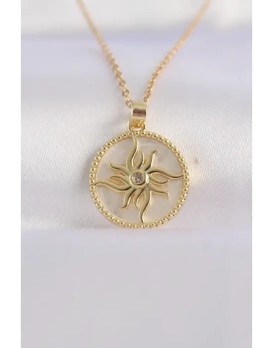  Zincir Altın  Zirkon Taşlı Oval Tasarım Güneş Çelik Kolye