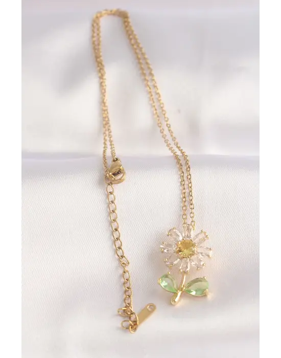  Zincir Altın  Zirkon Taşlı Papatya Tasarımlı Çelik Kolye