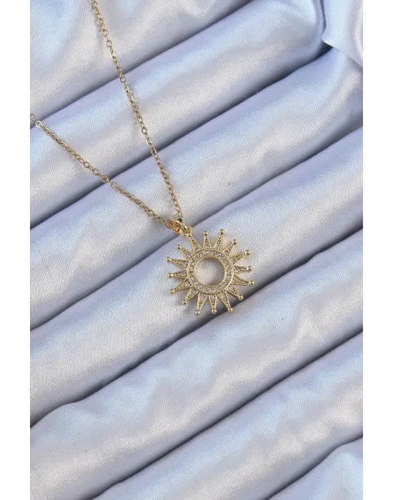  Zincir Altın  Zirkon Taşlı Parlayan Güneş Çelik Kolye