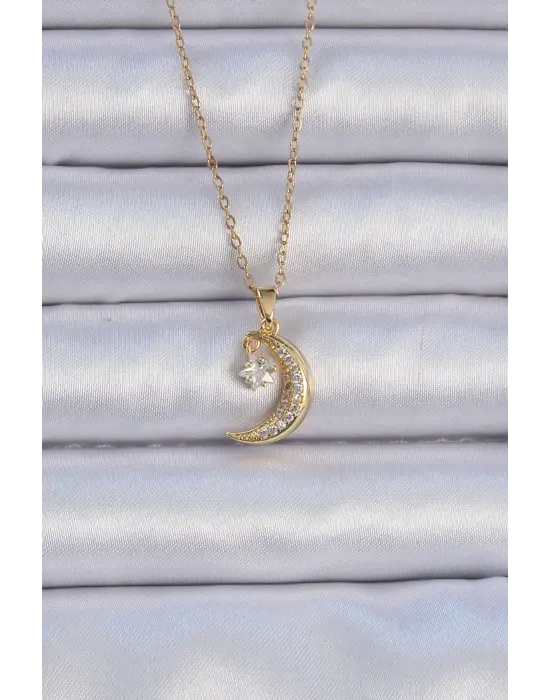  Zincir Altın  Zirkon Taşlı Sallantılı Ay Yıldız Çelik Kolye