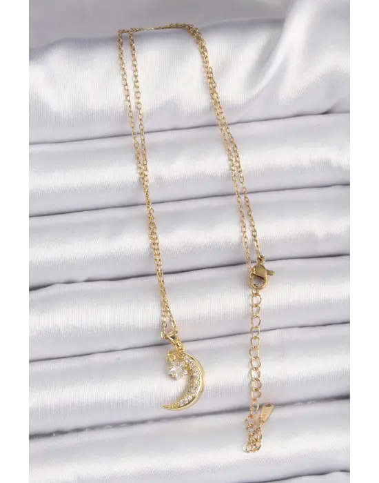  Zincir Altın  Zirkon Taşlı Sallantılı Ay Yıldız Çelik Kolye