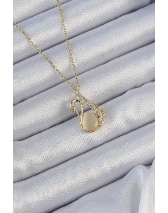  Zincir Altın  Zirkon Taşlı Sedefli Kuğu Çelik Kolye