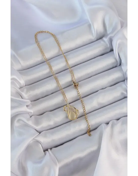  Zincir Altın  Zirkon Taşlı Sedefli Kuğu Çelik Kolye