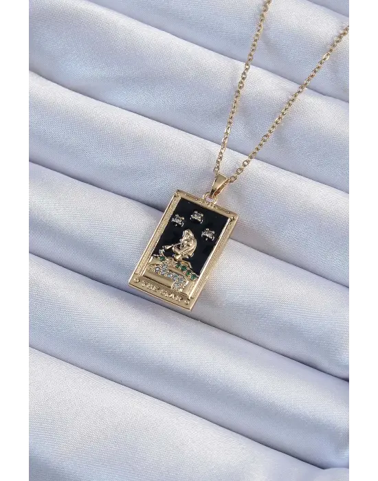  Zincir Altın  Zirkon Taşlı Siyah Mineli Kız Figürlü Tarot Çelik Kolye