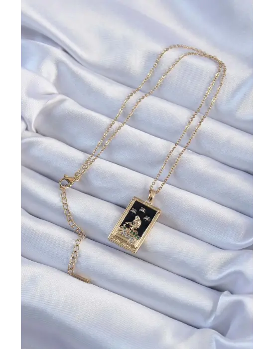  Zincir Altın  Zirkon Taşlı Siyah Mineli Kız Figürlü Tarot Çelik Kolye
