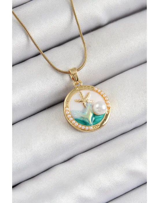 316L Çelik Zincir Beyaz Mineli Sanatsal Portre İnci Detaylı Deniz Yılıdızı Model Gold Renk Kadın Kolye