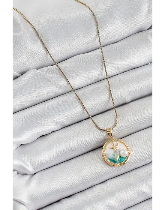 316L Çelik Zincir Beyaz Mineli Sanatsal Portre İnci Detaylı Deniz Yılıdızı Model Gold Renk Kadın Kolye