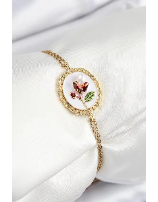 316L Çelik Zincir Beyaz Mineli Sanatsal Portre İnci Detaylı Lale Model Gold Renk Kadın Bileklik