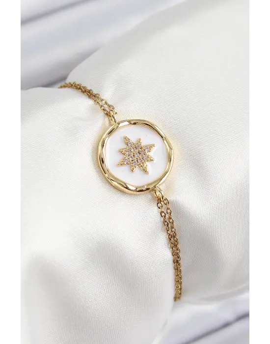 316L Çelik Zincir Beyaz Mineli Sanatsal Portre Kuzey Yıldızı Model Gold Renk Kadın Bileklik