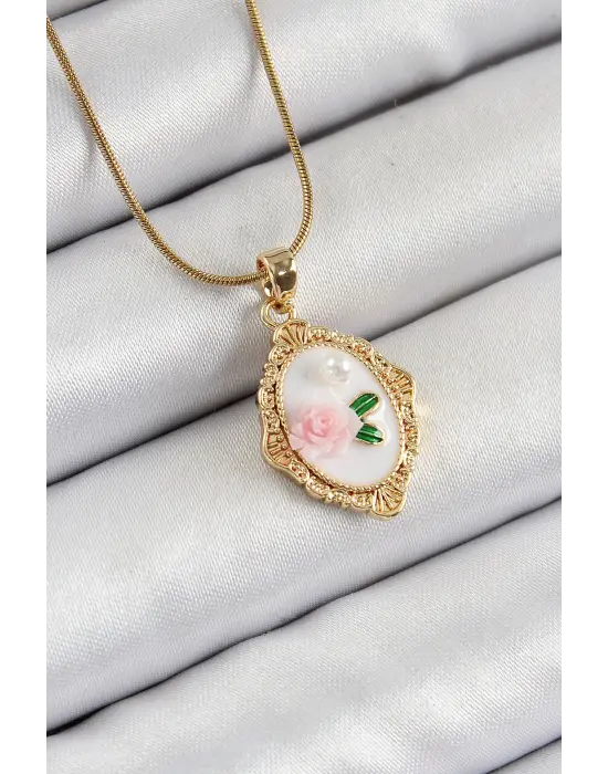 316L Çelik Zincir Beyaz Sanatsal Portre İnci Detaylı Gül Figürlü Model Gold Renk Kadın Kolye