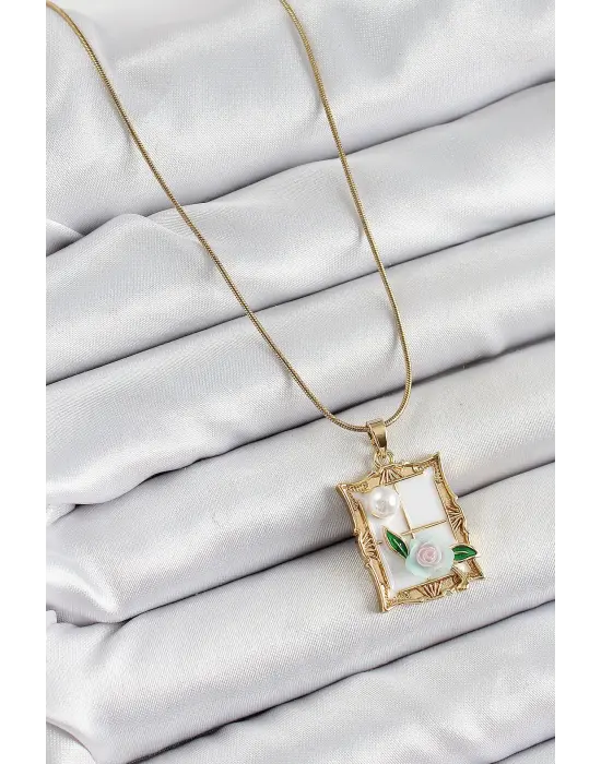 316L Çelik Zincir Beyaz Sanatsal Portre İnci Detaylı Gül Figürlü Model Gold Renk Kadın Kolye