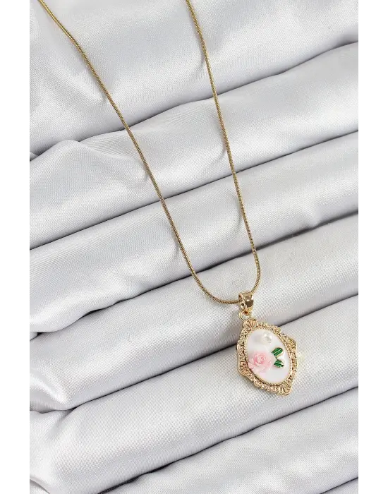 316L Çelik Zincir Beyaz Sanatsal Portre İnci Detaylı Gül Figürlü Model Gold Renk Kadın Kolye