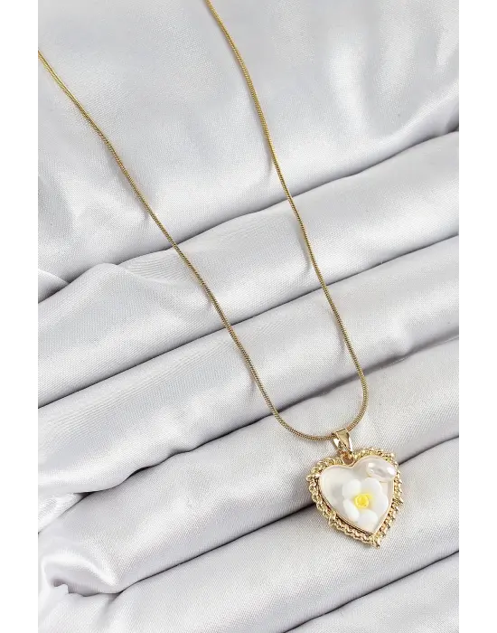 316L Çelik Zincir Beyaz Sanatsal Portre İnci Detaylı Papatya Figürlü Kalp Model Gold Renk Kadın Kolye