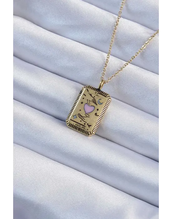  Zincir Eskitme Altın  Pembe Mineli Kalp Figürlü Tarot Çelik Kolye