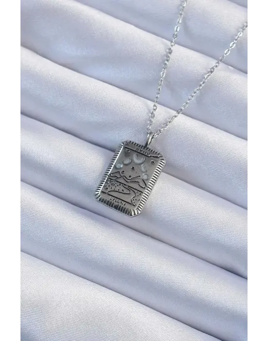  Zincir Eskitme Gümüş  Ay Figürlü Tarot Çelik Kolye