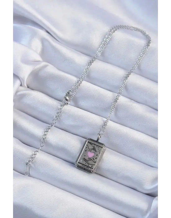  Zincir Eskitme Gümüş  Pembe Mineli Kalp Figürlü Tarot Çelik Kolye
