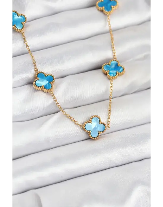 316L Çelik Zincir Gold Buz Mavisi Renk Yonca Kolye