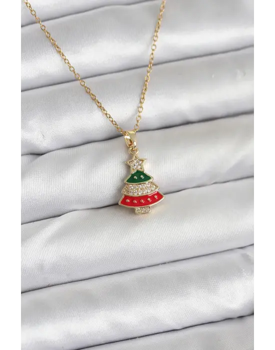 316L Çelik Zincir Gold Ren Çam Ağacı Model Zirkon Taşlı Yılbaşı Temalı Kadın Kolye