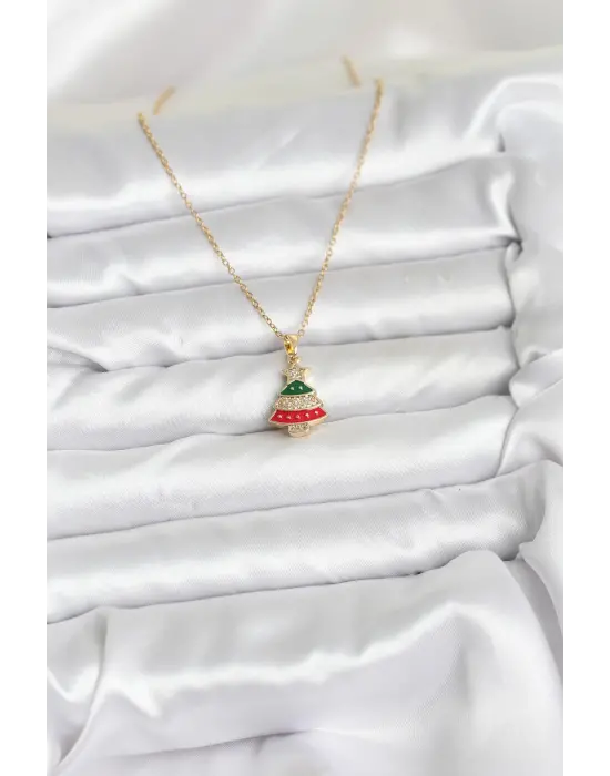 316L Çelik Zincir Gold Ren Çam Ağacı Model Zirkon Taşlı Yılbaşı Temalı Kadın Kolye