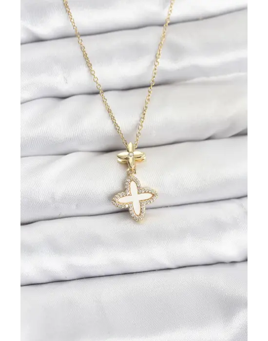 316L Çelik Zincir Gold Renk 4 Yapraklı Yonca Model Zirkon Taşlı Kadın Kolye