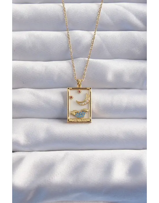  Zincir Altın  Ay Detay Mavi Zirkon Taşlı Tarot Çelik Kolye