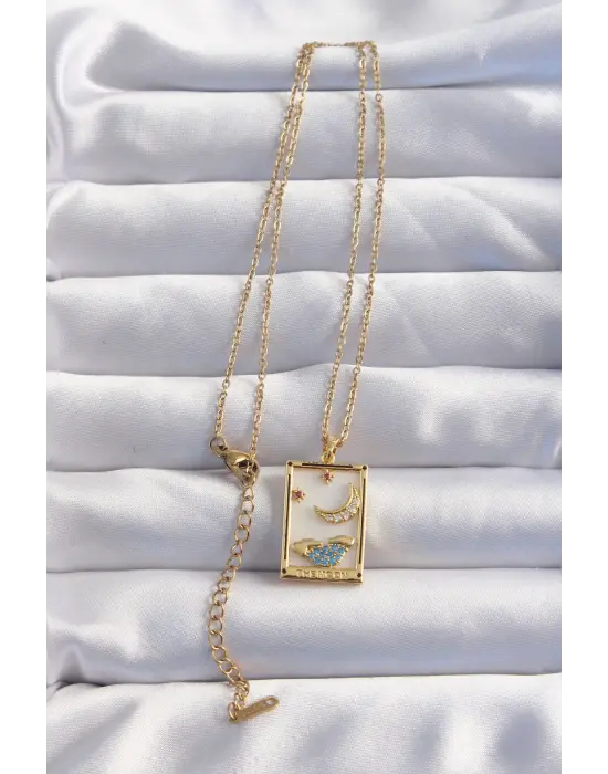  Zincir Altın  Ay Detay Mavi Zirkon Taşlı Tarot Çelik Kolye
