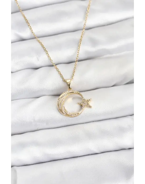 316L Çelik Zincir Gold Renk Ay Yıldız Model Zirkon Taşlı Kadın Kolye