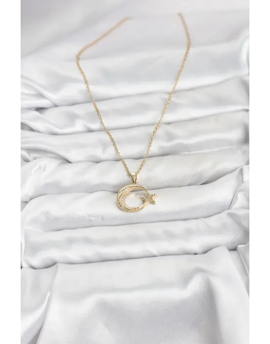 316L Çelik Zincir Gold Renk Ay Yıldız Model Zirkon Taşlı Kadın Kolye