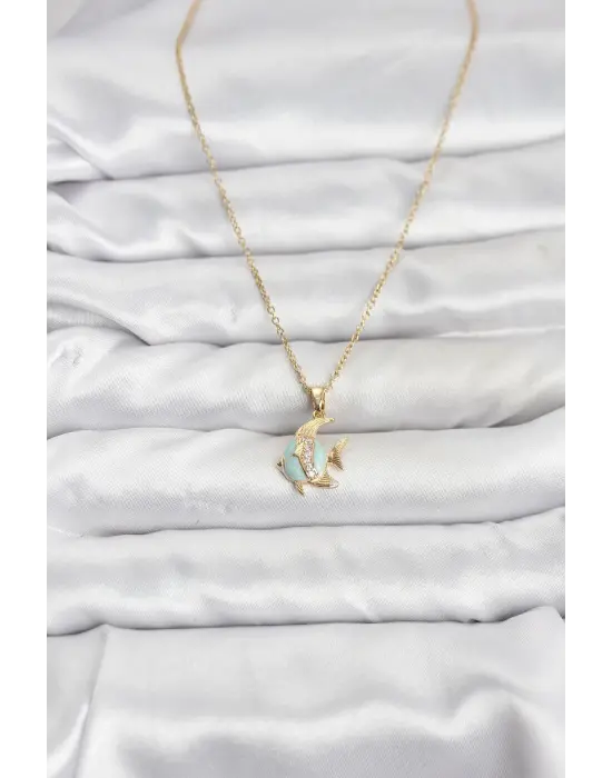 316L Çelik Zincir Gold Renk Balık Model Zirkon Taşlı Kadın Kolye