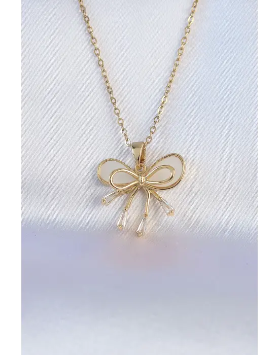  Zincir Altın  Beyaz Mineli 2li Görünüm Fiyonk Çelik Kolye