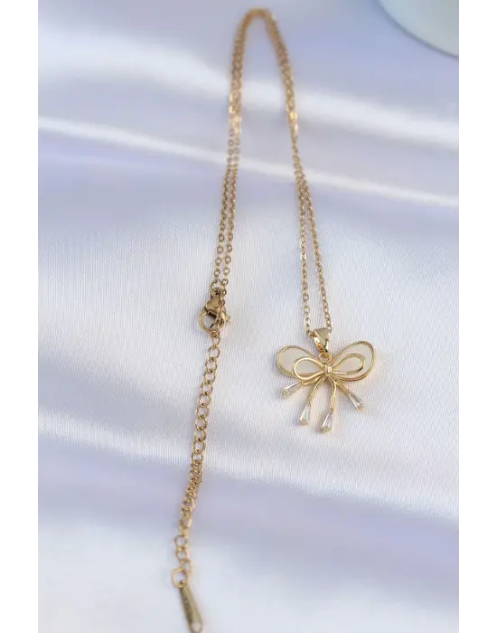  Zincir Altın  Beyaz Mineli 2li Görünüm Fiyonk Çelik Kolye