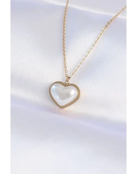 Zincir Altın  Beyaz Taşlı Bubble Kalp Çelik Kolye