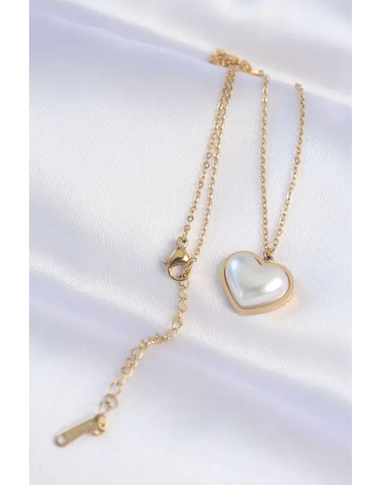  Zincir Altın  Beyaz Taşlı Bubble Kalp Çelik Kolye