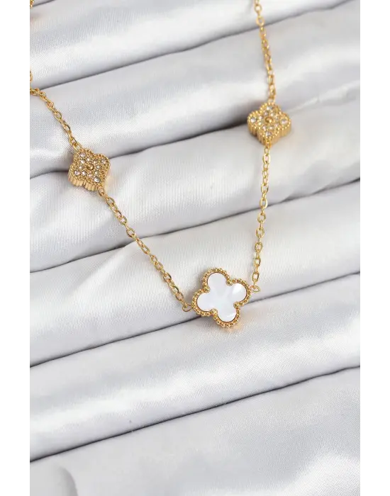 316L Çelik Zincir Gold Renk Beyaz ve Zirkon Taşlı Yonca Kadın Kolye