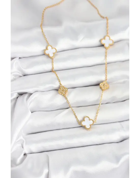 316L Çelik Zincir Gold Renk Beyaz ve Zirkon Taşlı Yonca Kadın Kolye