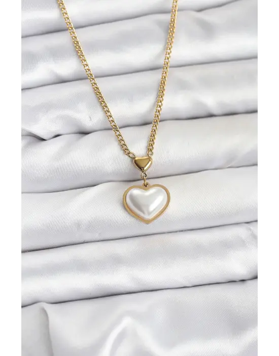 316L Çelik Zincir Gold Renk Bombeli Kalp Model Kadın Kolye