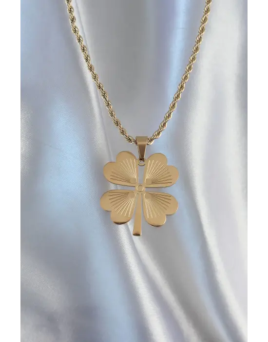  Zincir Altın  Burgu Zincirli Yonca Çelik Kolye