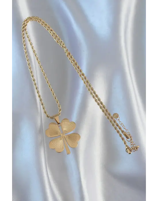  Zincir Altın  Burgu Zincirli Yonca Çelik Kolye