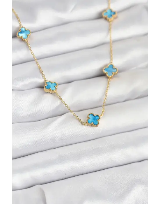 316L Çelik Zincir Gold Renk Buz Mavisi Baby Boy Yonca Kadın Kolye