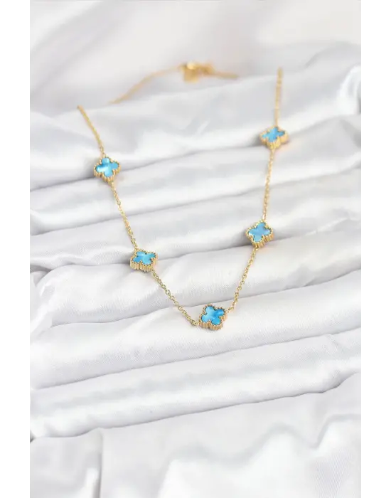 316L Çelik Zincir Gold Renk Buz Mavisi Baby Boy Yonca Kadın Kolye